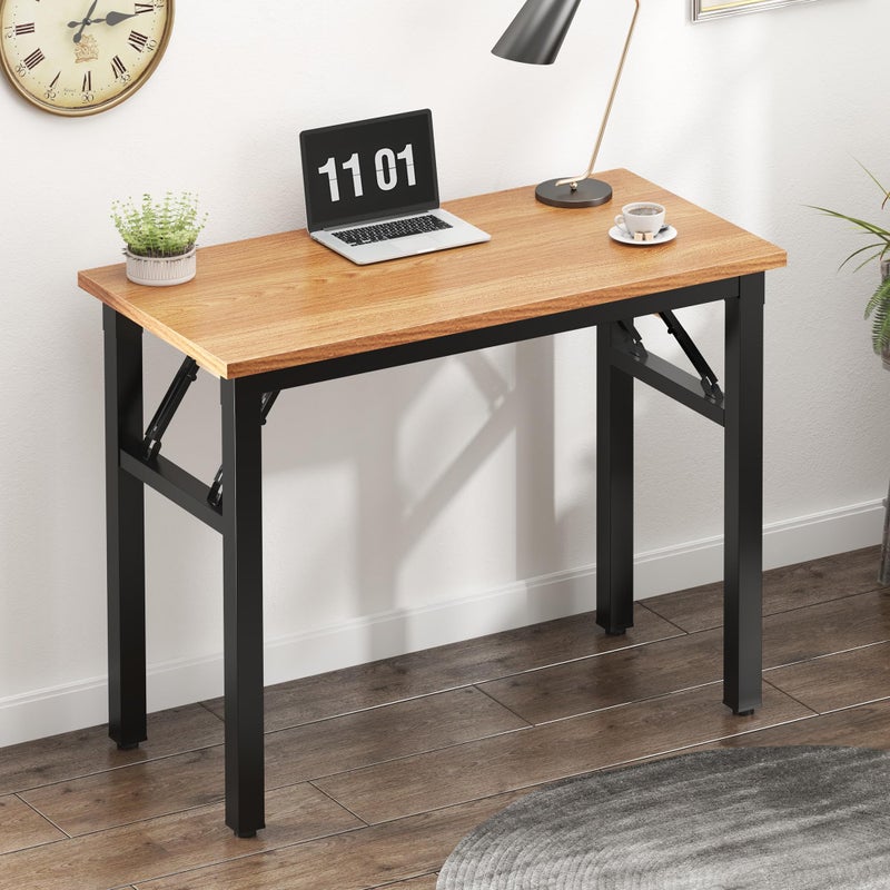 Need Folding Computer Desk - 31.5 Inch Foldable Office Writing Work Study Kids Student Teacher Home Bedroom Table for Small Space, Teak & Black - Image 2